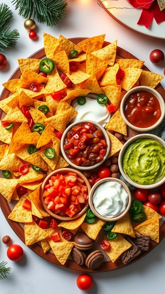 A festive charcuterie board with nachos, cheese, guacamole, salsa, and fresh toppings, perfect for Christmas celebrations.